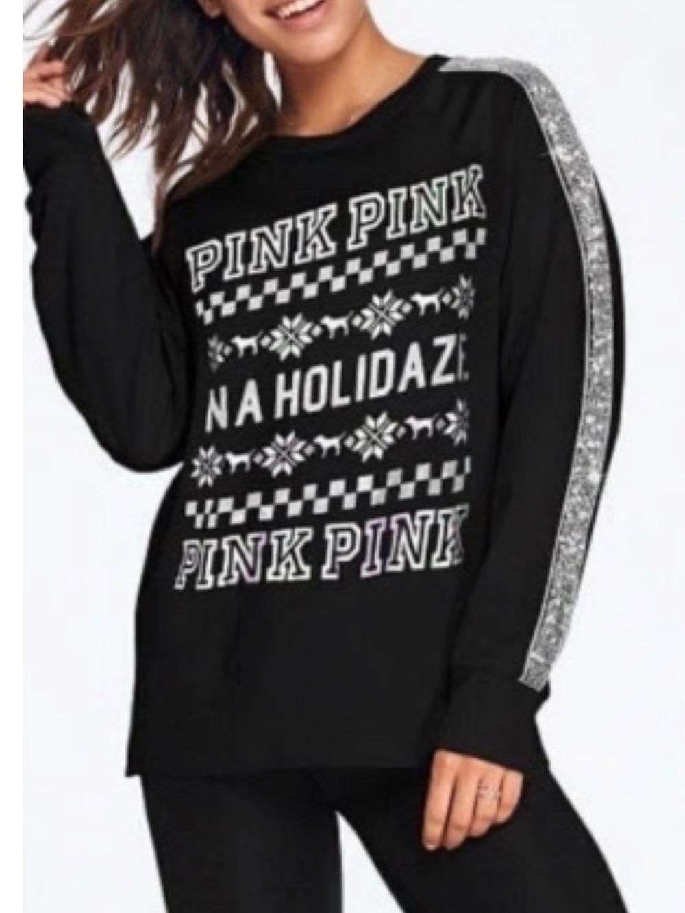 Pink Victorias Secret long sleeve Black Holidaze T Shirt Size Large